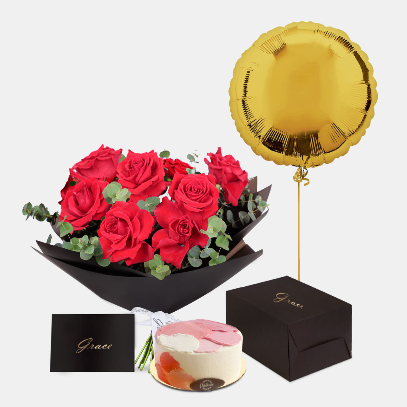 Red Roses Bouquet with Birthday Cake and Gold Foil Balloons