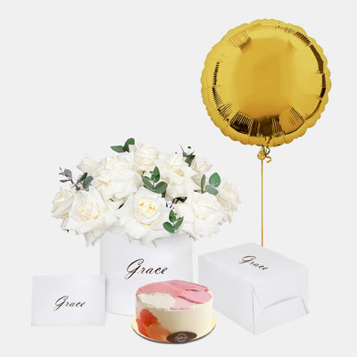 White Roses in Box  with Bento Cake and Gold Foil Balloons