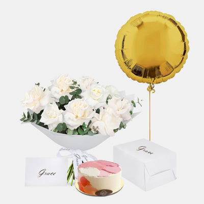 White Roses Bouquet with Birthday Cake and Gold Foil Balloons