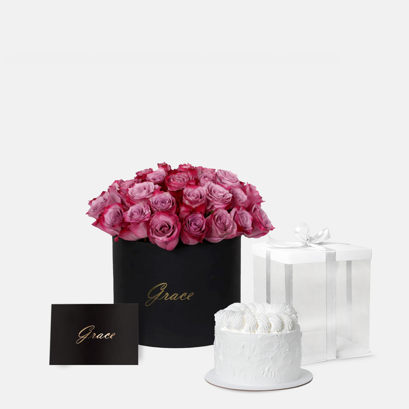 Purple Roses in Box with Cake