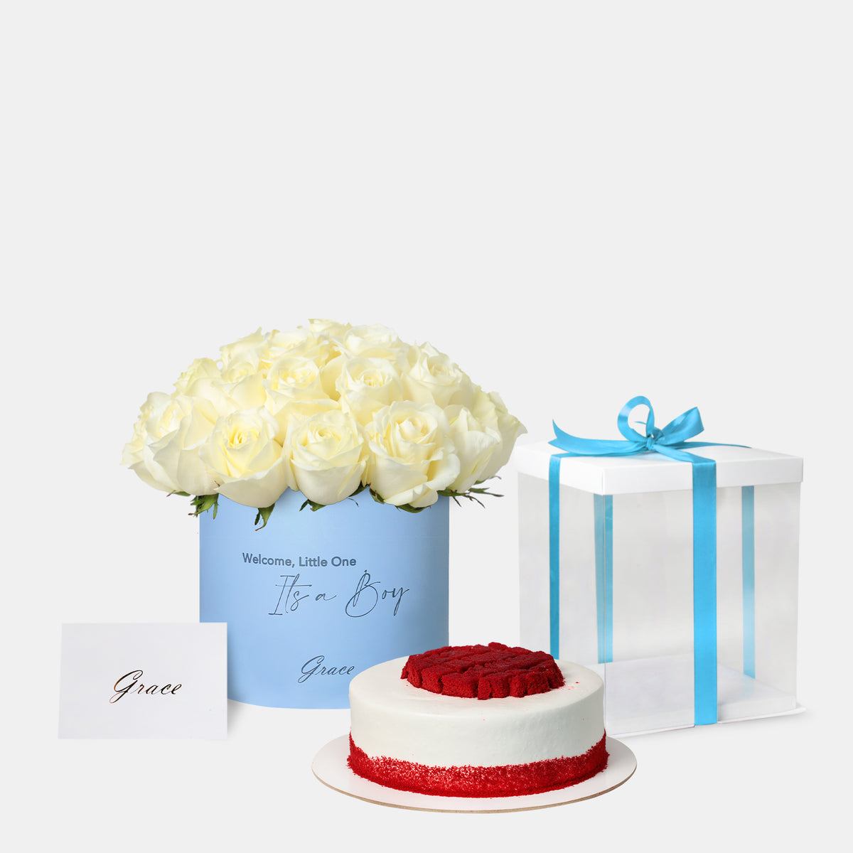 Baby Boy White Roses with Cake