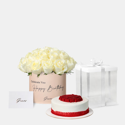 Joyful Birthday White Roses with Cake