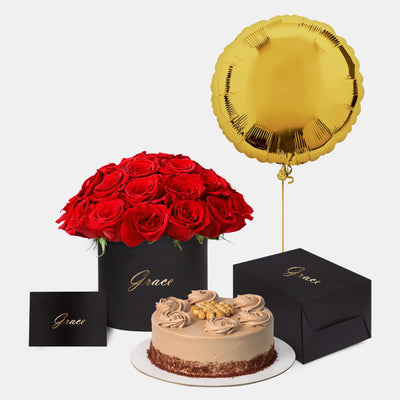 Red Roses in Box with Cake Bundle