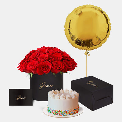 Red Roses in Box with Cake Bundle