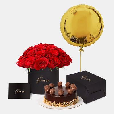 Red Roses in Box with Cake Bundle