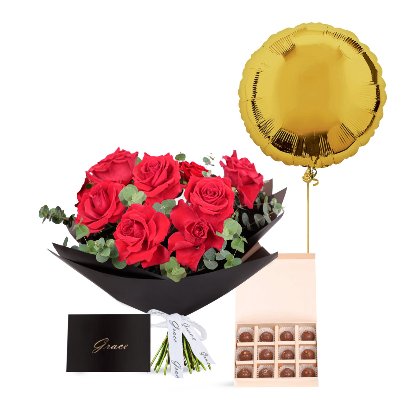 Red Roses Bouquet with Chocolate Truffles 12Pcs and Gold Foil Balloons