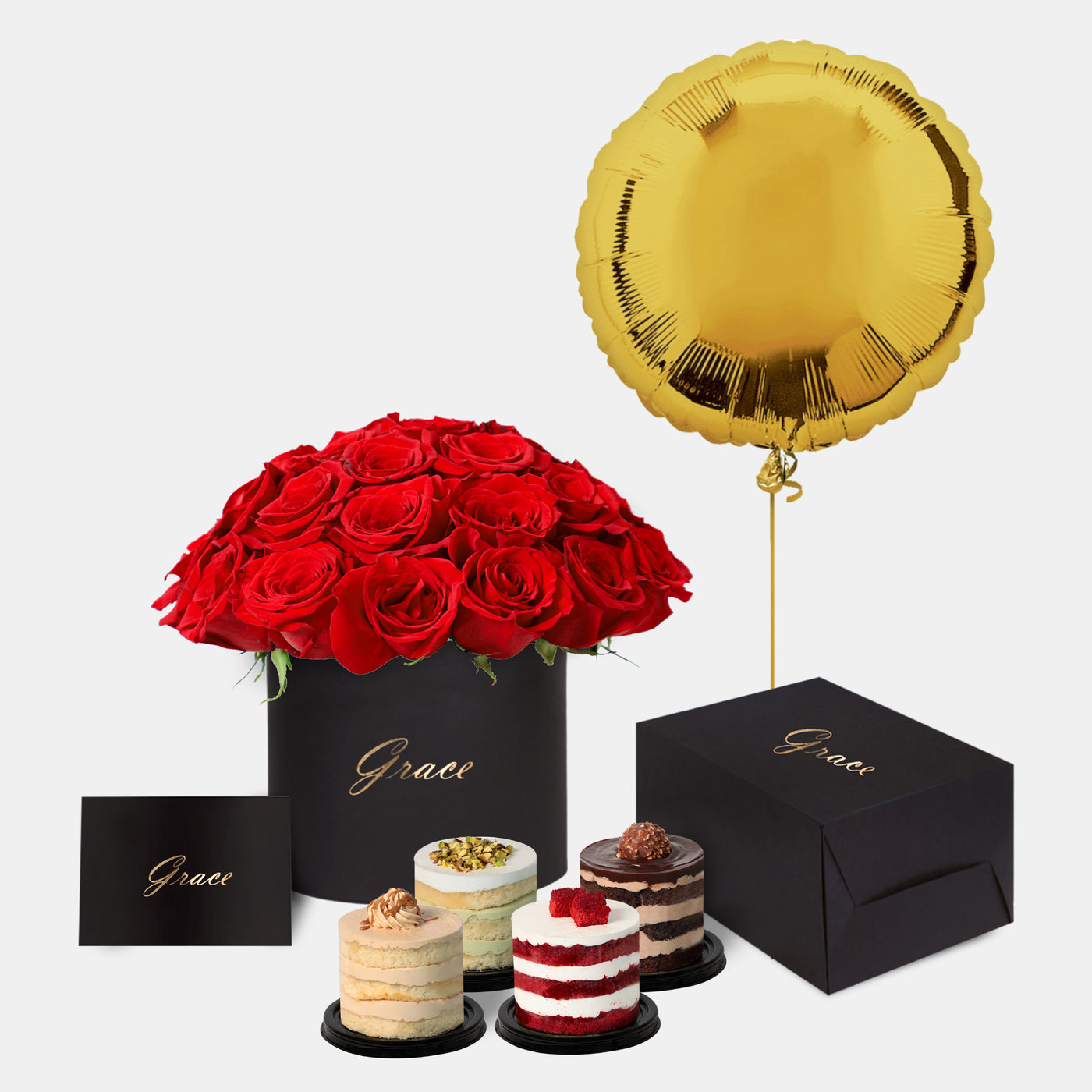 Red Roses in Box with Mini Cake and Balloons