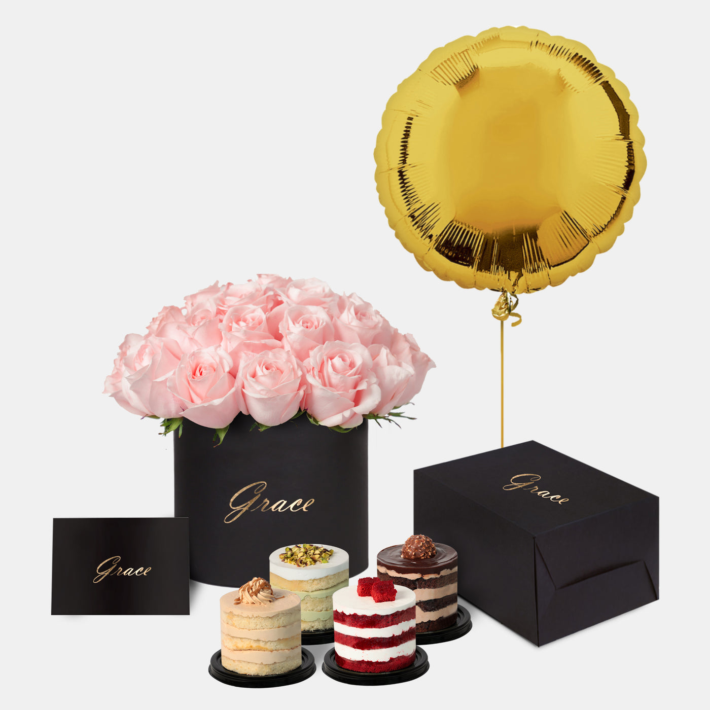 Pink Roses in Box with Mini Cake and Balloons
