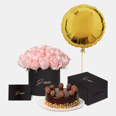 Pink Roses in Box with Cake Bundle
