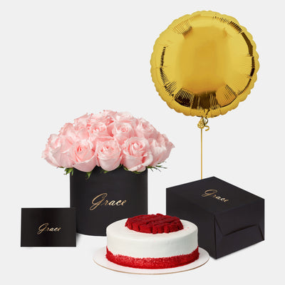 Pink Roses in Box with Cake Bundle