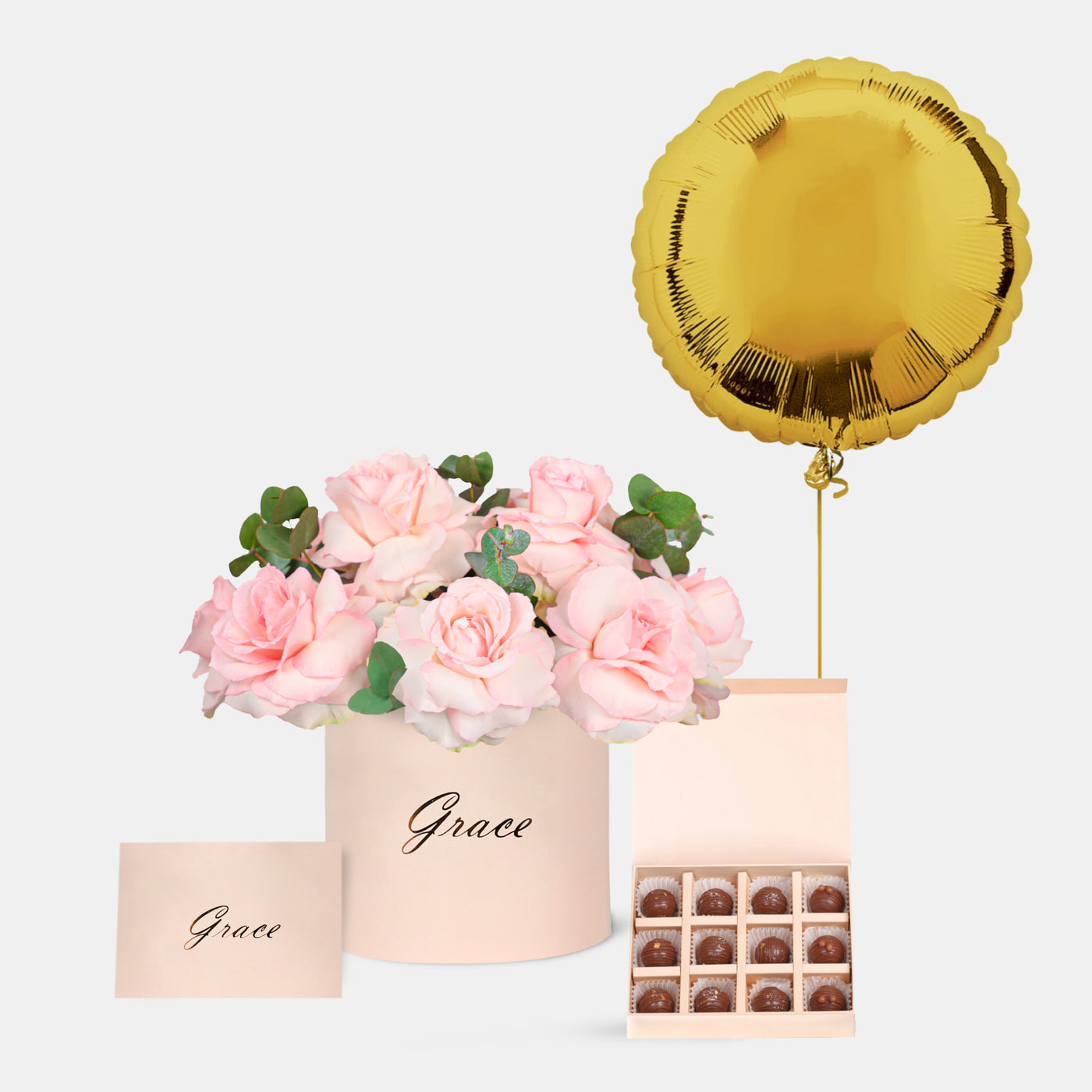 Pink Roses in Box with 12Pcs Chocolate Truffles and Gold foil Balloons