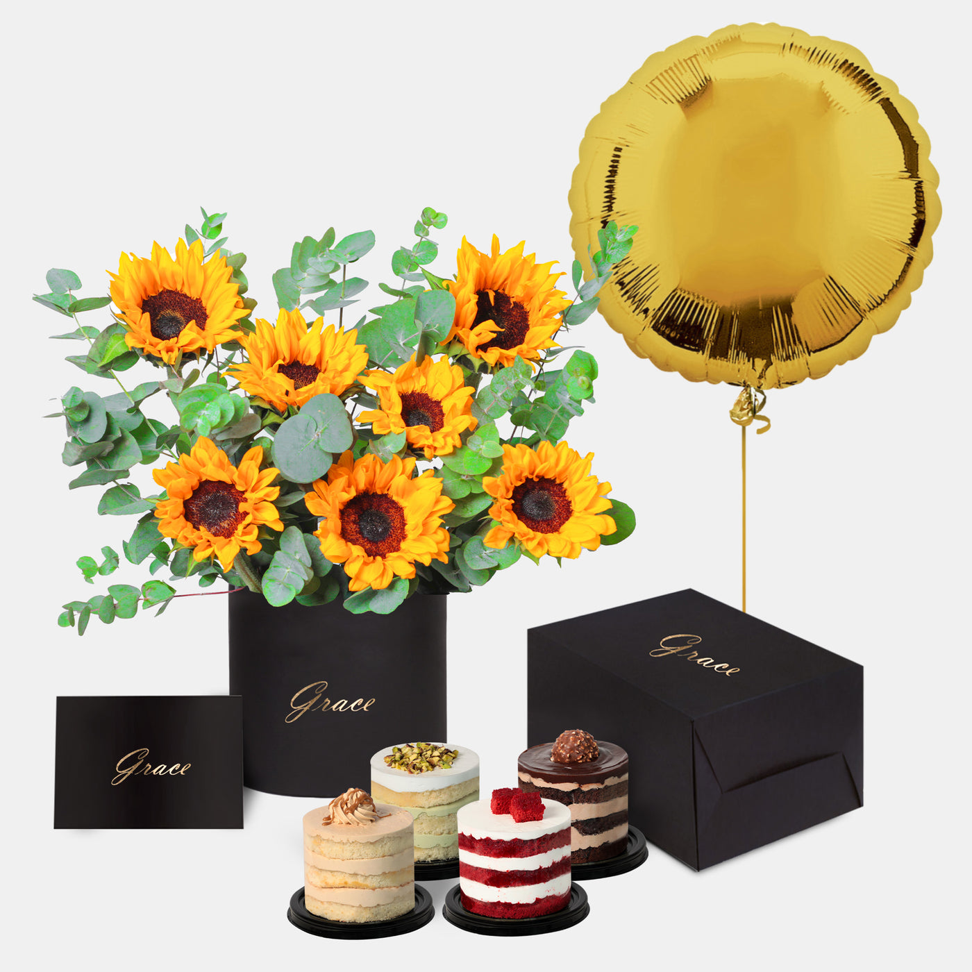 Sunflower in Box with Mini Cake and Balloons