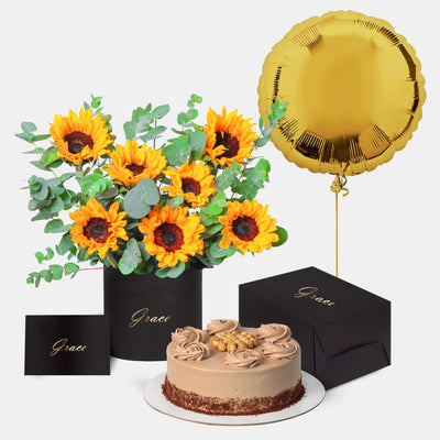 Sunflower in Box with Cake Bundle