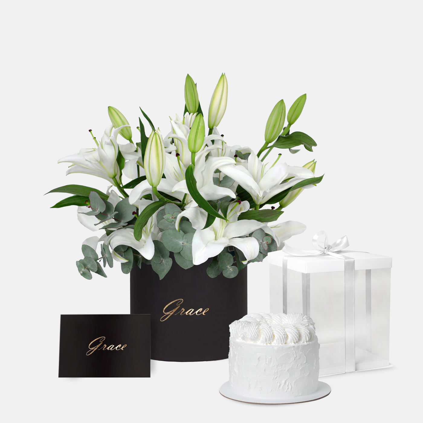 White Lilies in Box with Cake