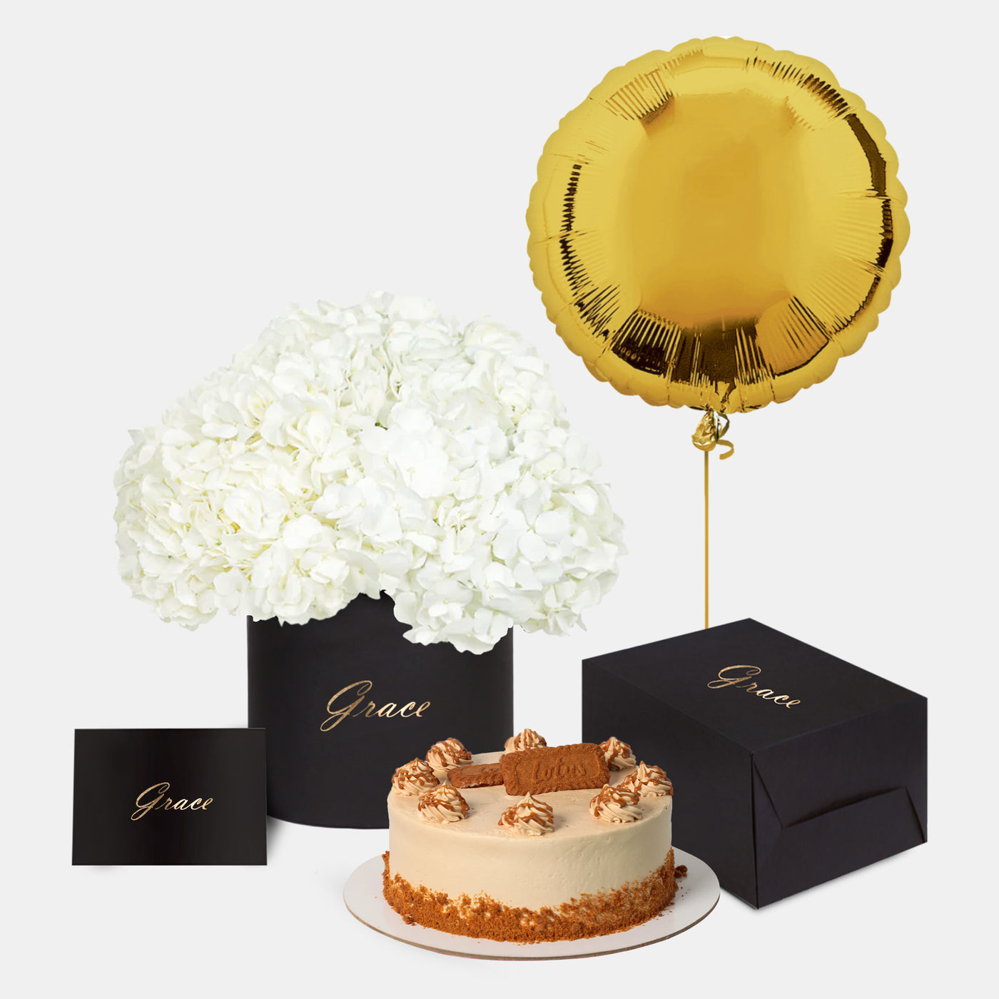 White Hydrangea in Box with Cake Bundle