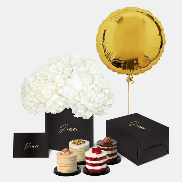 White Hydrangea in Box with Mini Cake and Balloons