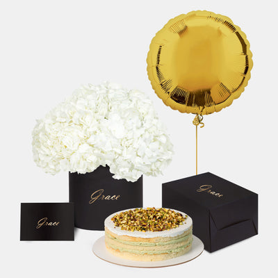 White Hydrangea in Box with Cake Bundle