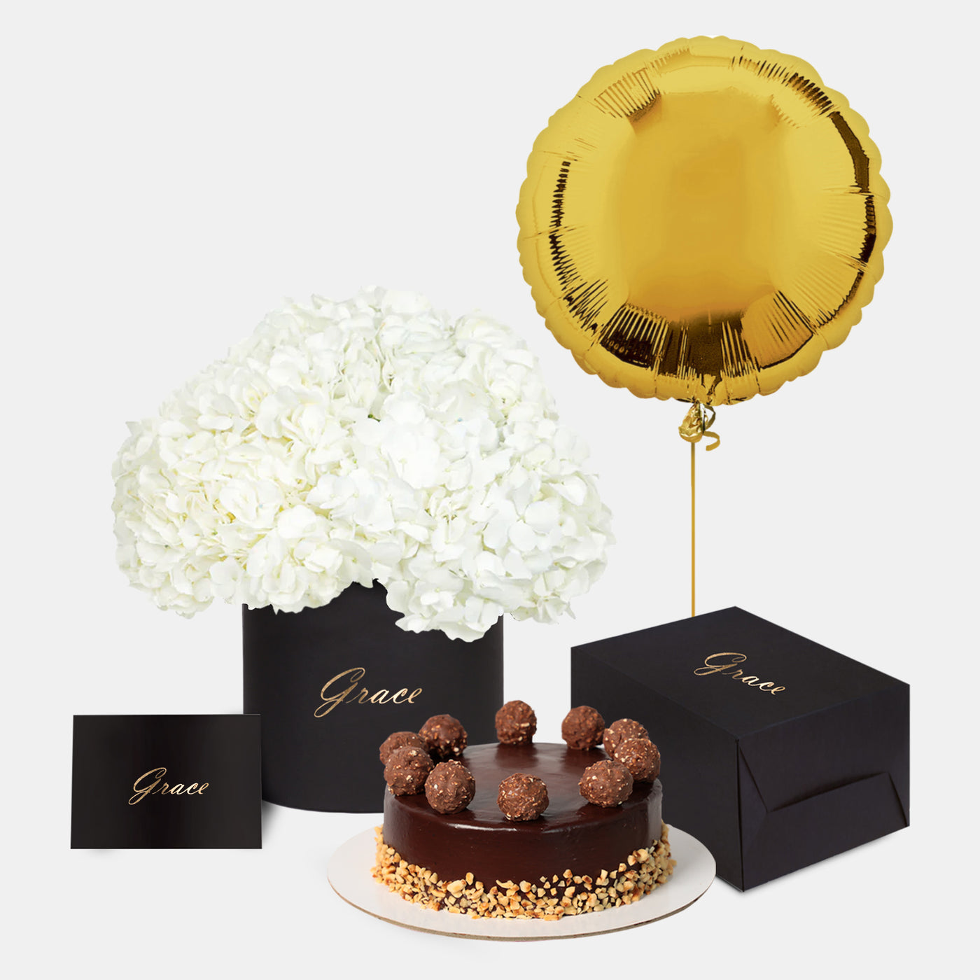 White Hydrangea in Box with Cake Bundle