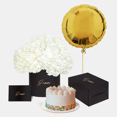 White Hydrangea in Box with Cake Bundle