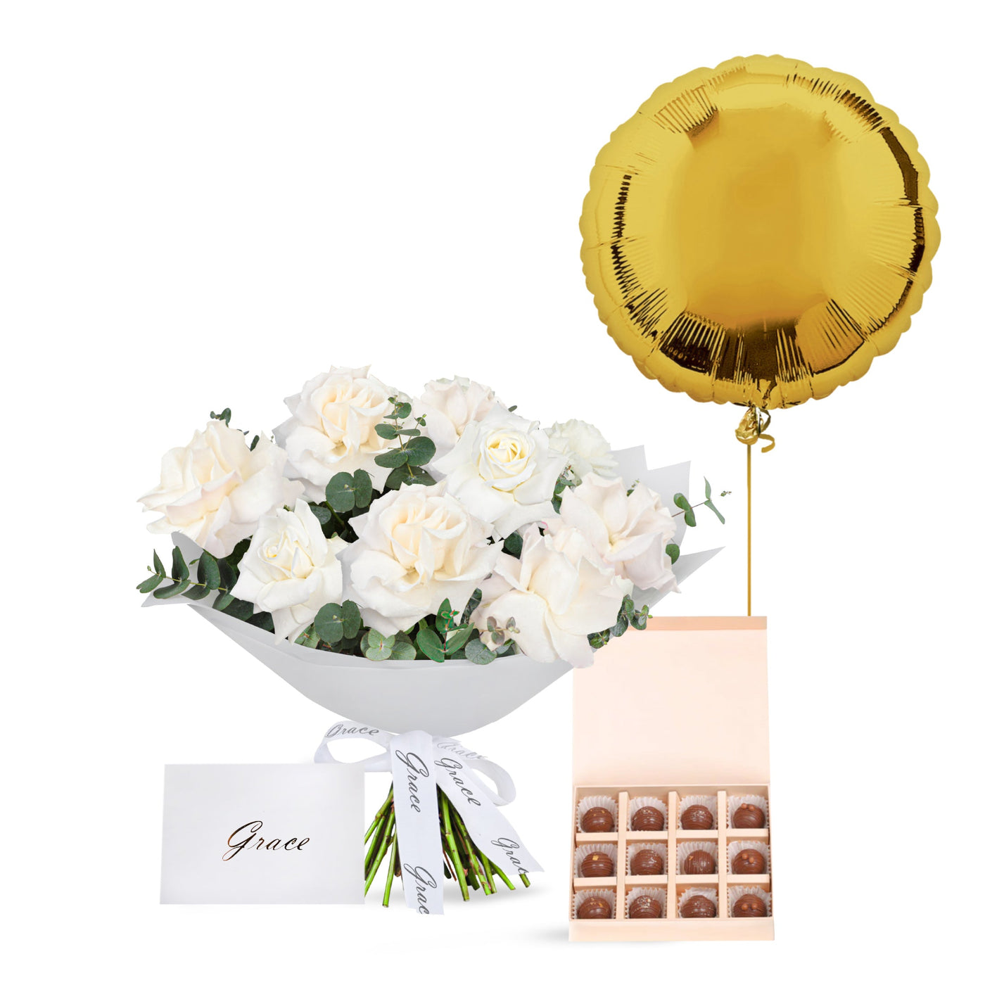 White Roses Bouquet with Chocolate Truffles 12Pcs and Gold Foil Balloons