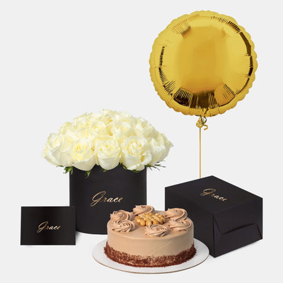 White Roses in Box with Cake Bundle