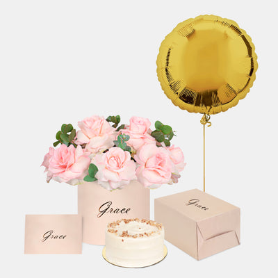 Pink Roses in Box with Birthday Cake and Gold Foil Balloons