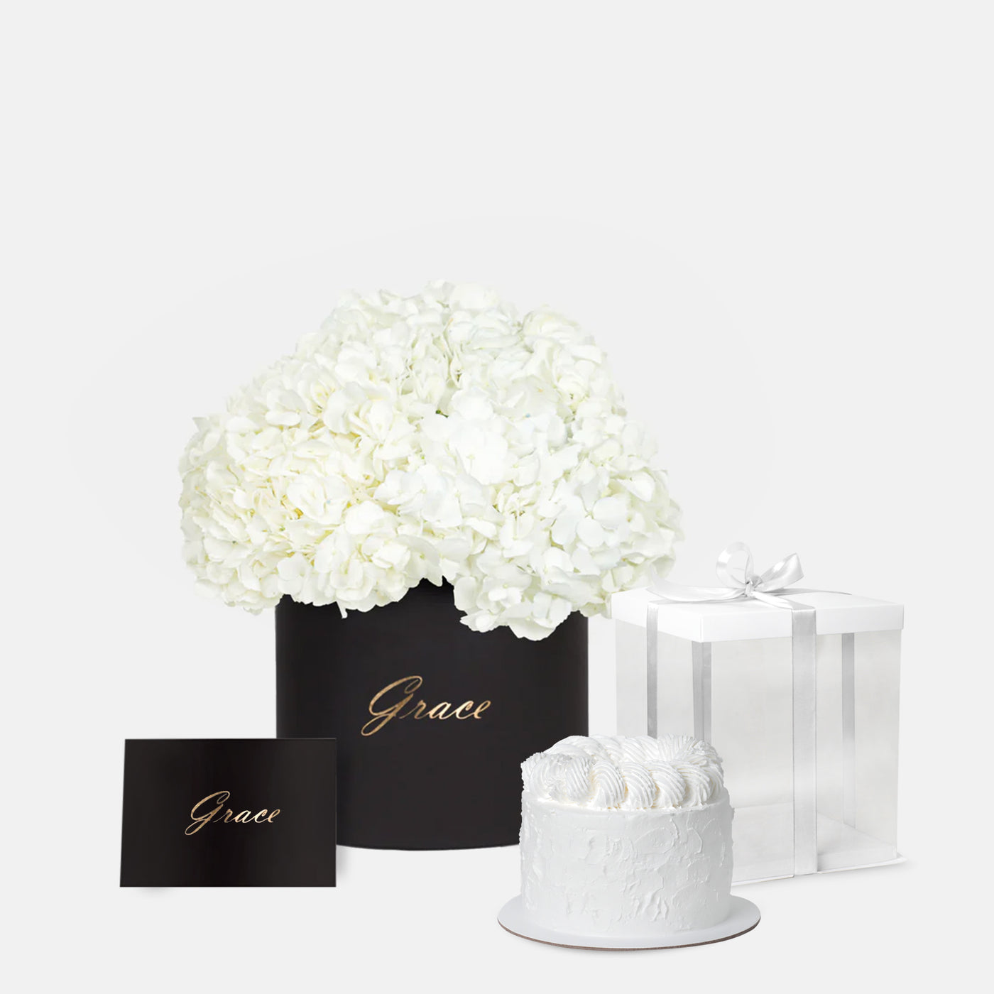 White Hydrangea in Box with Cake