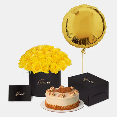 Yellow Roses in Box with Cake Bundle