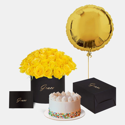 Yellow Roses in Box with Cake Bundle