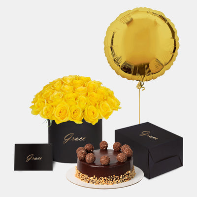 Yellow Roses in Box with Cake Bundle