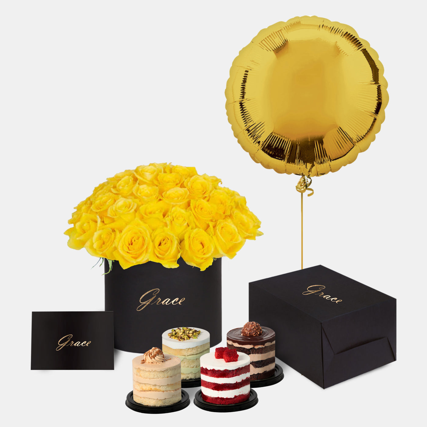 Yellow Roses in Box with Mini Cake and Balloons