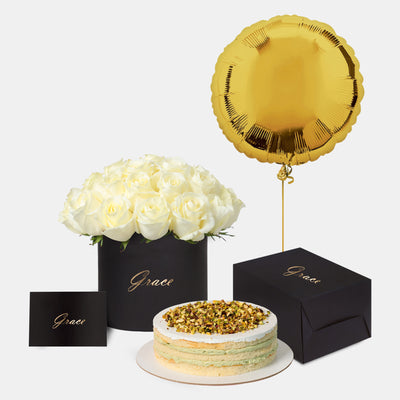 White Roses in Box with Cake Bundle