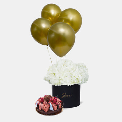 White Hydrangea in Box with Cake and Balloons