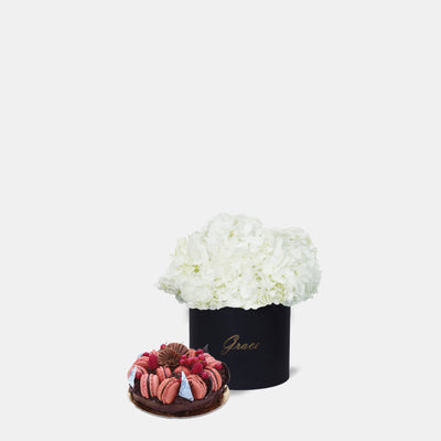 White Hydrangea in Box with Cake