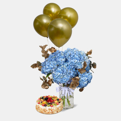 Blue Hydrangea in Vase with Cake and Balloons