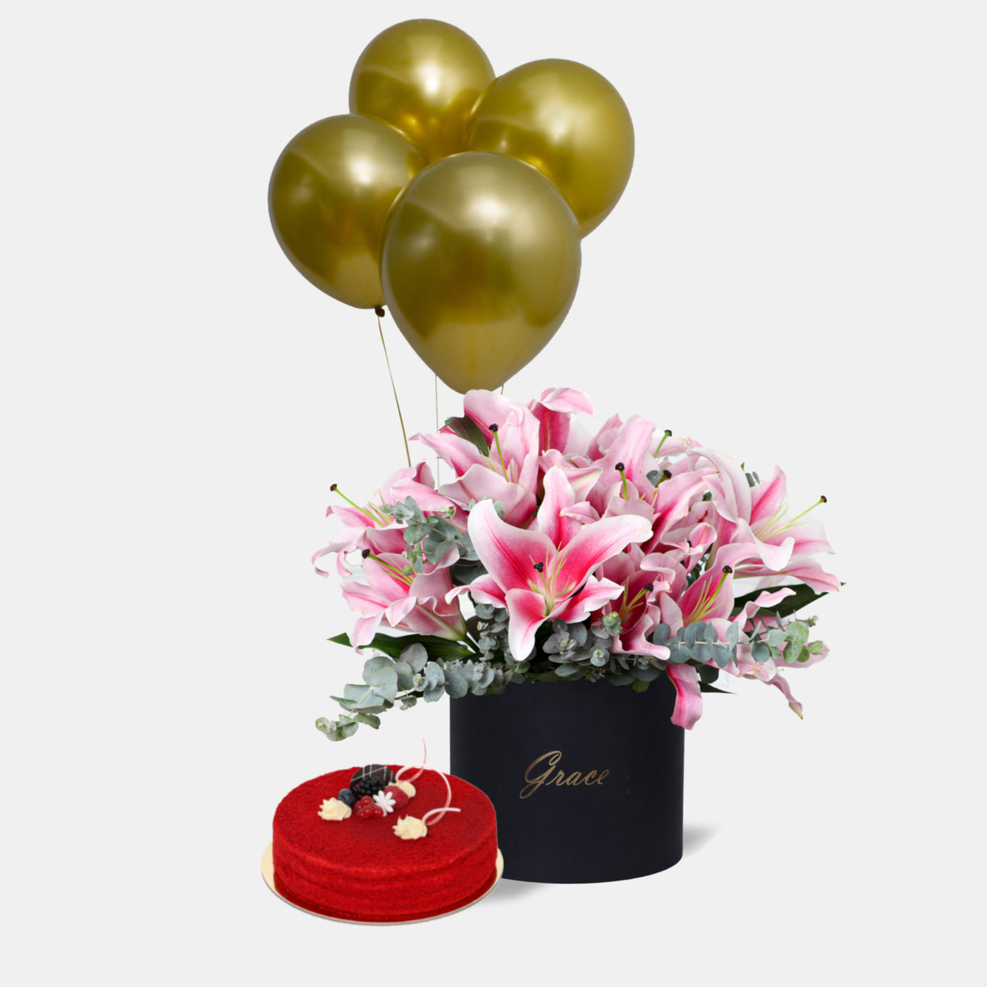 Pink Lily in Box with Cake and Balloons