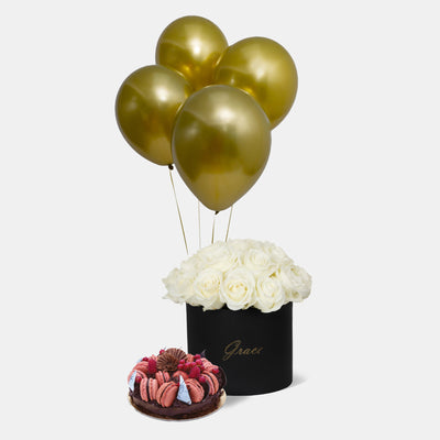 White Roses in Box with Cake and Balloons