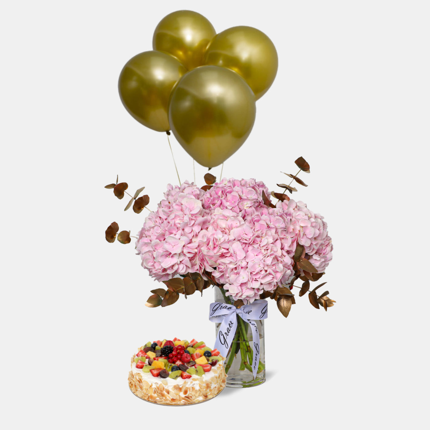Pink Hydrangea in Vase with Cake and Balloons