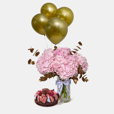 Pink Hydrangea in Vase with Cake and Balloons