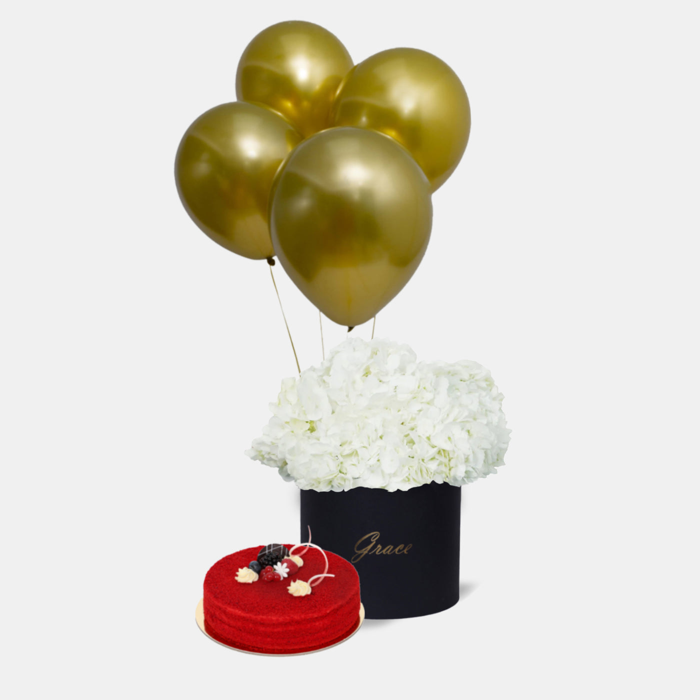 White Hydrangea in Box with Cake and Balloons