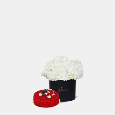 White Hydrangea in Box with Cake