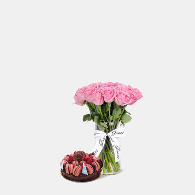 Pink Roses in Vase with Cake