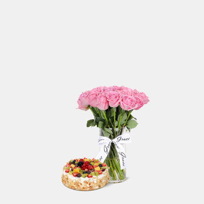 Pink Roses in Vase with Cake