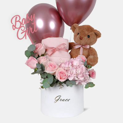 Baby Girl (Teddy Bear, Baby Blanket & Balloons)