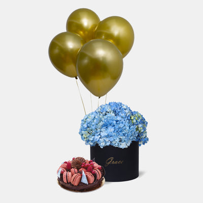 Blue Hydrangea in Box with Cake and Balloons