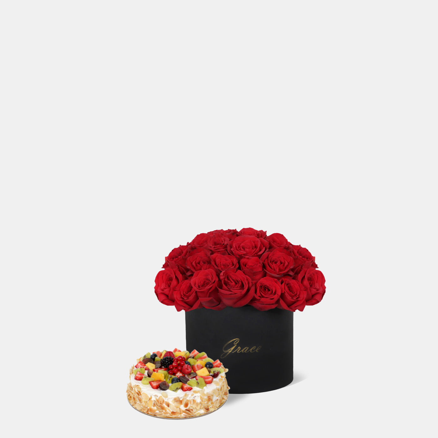 Red Roses in Box with Cake