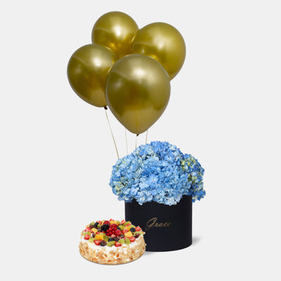 Blue Hydrangea in Box with Cake and Balloons