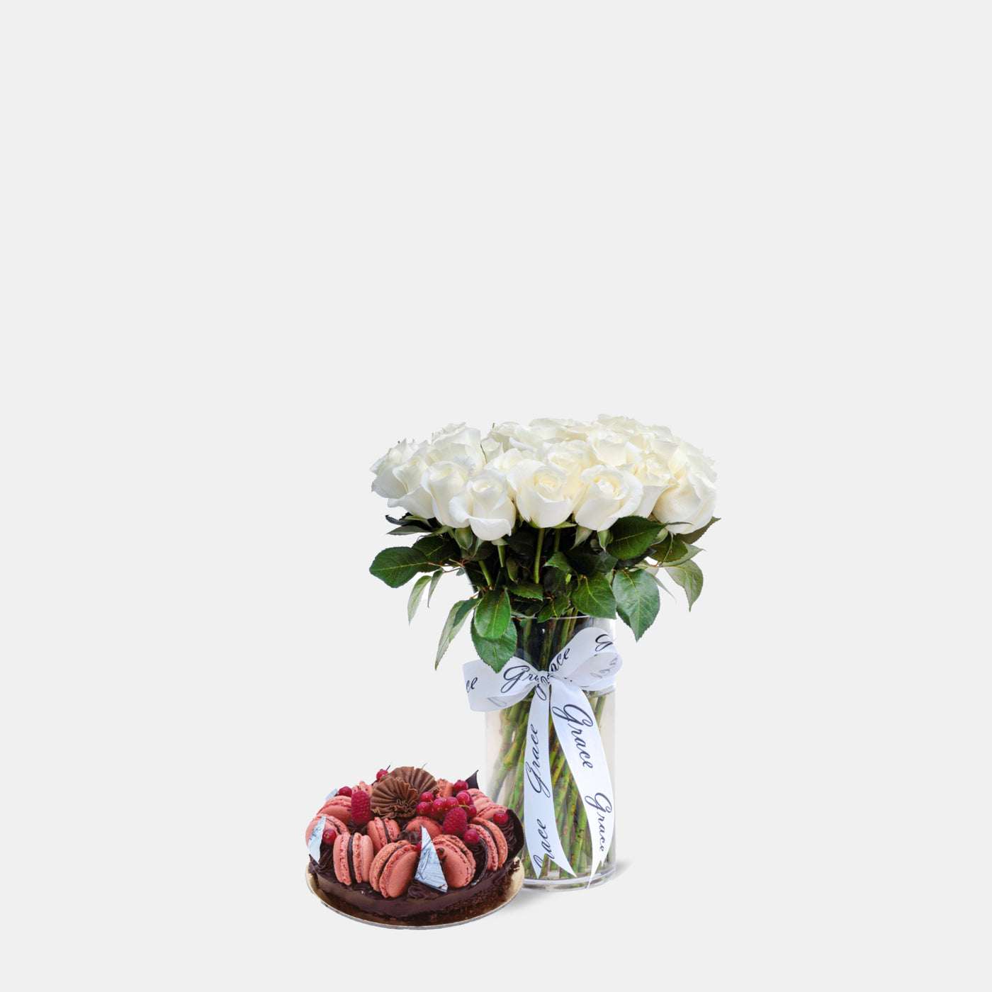 White Roses in Vase with Cake