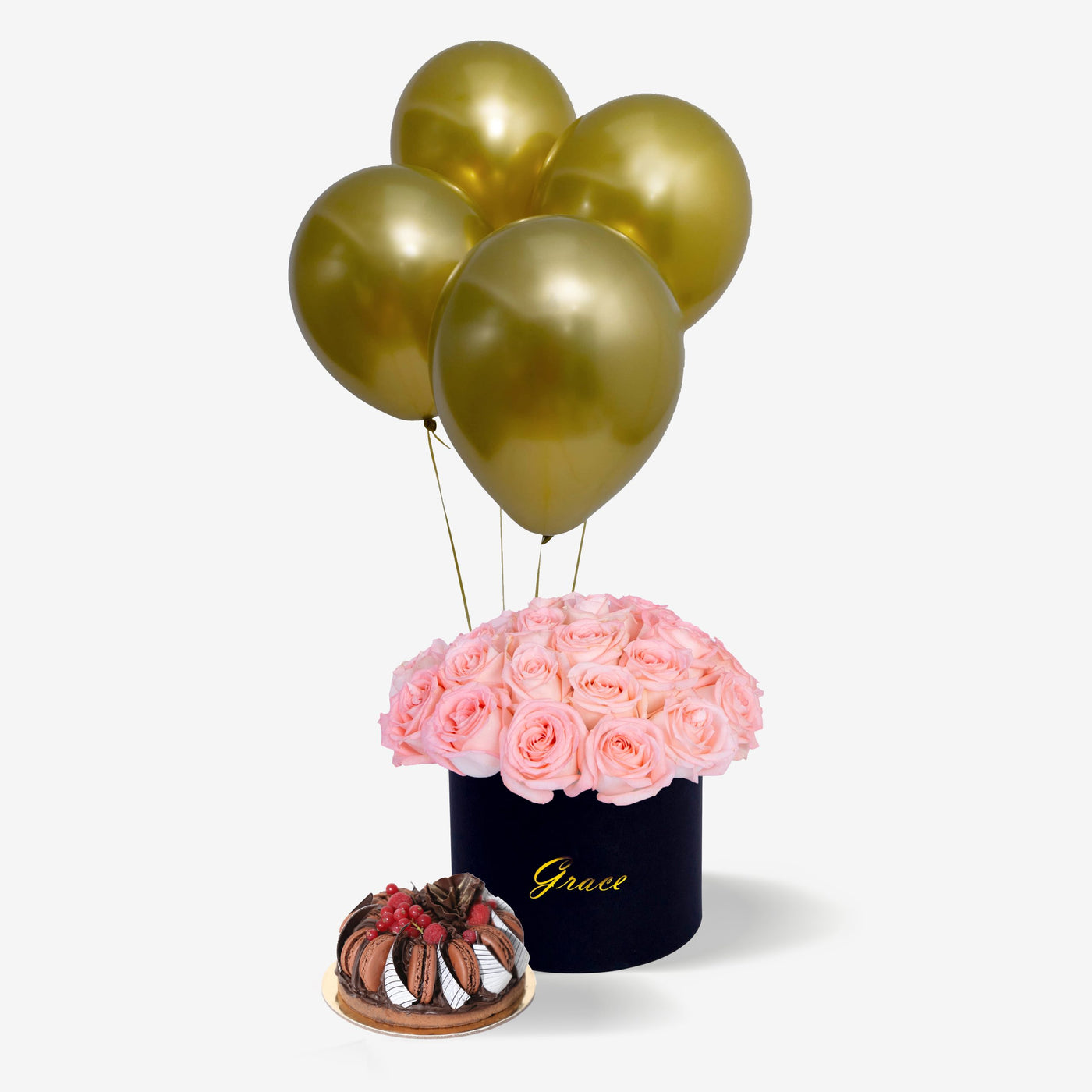 Red Roses in a Box with Balloons & Macaronade Cake