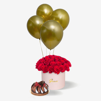Red Roses in a Box with Balloons & Macaronade Cake